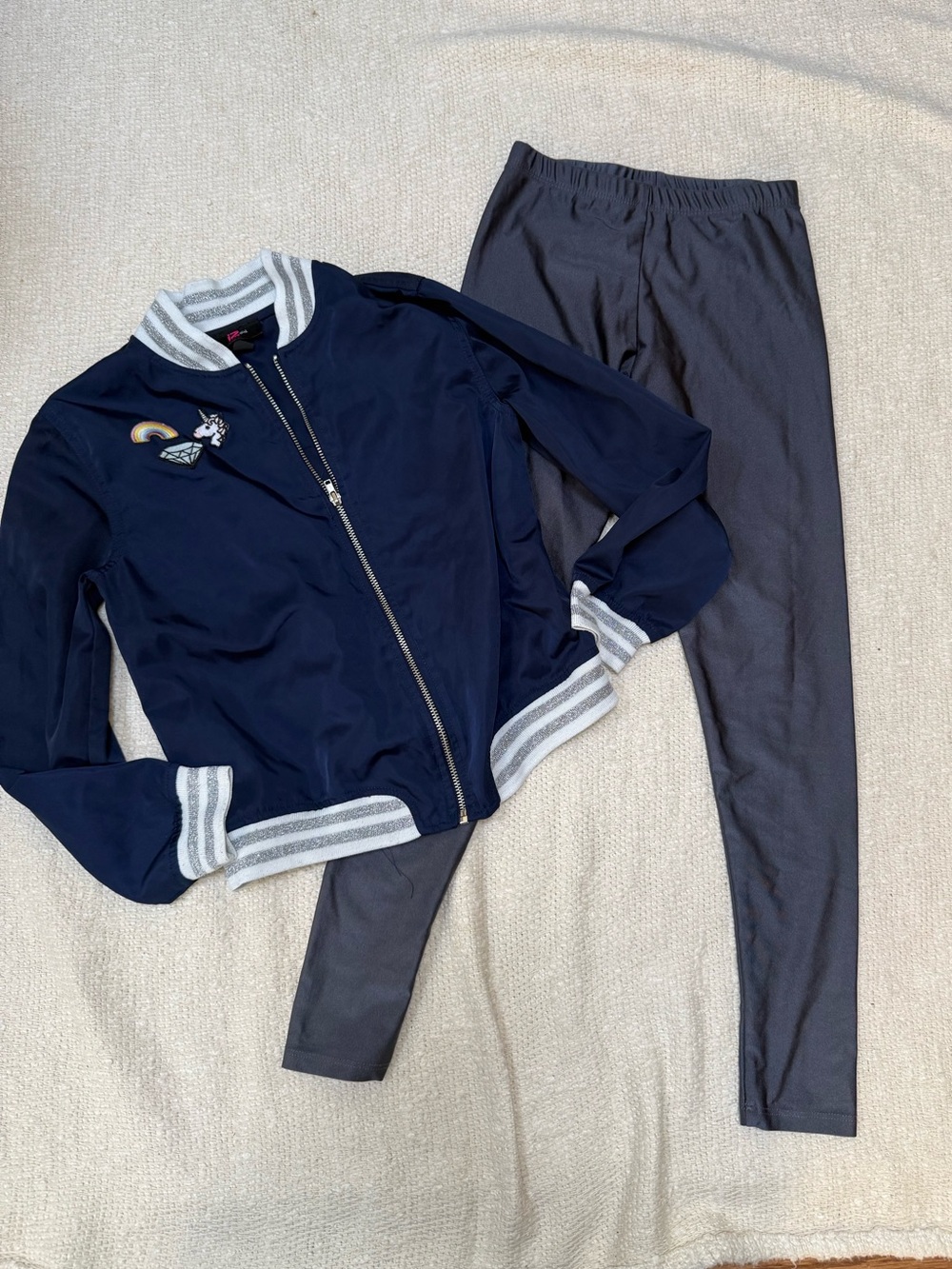 Bundle Girls Navy Bomber Jacket & Gray Leggings size Medium